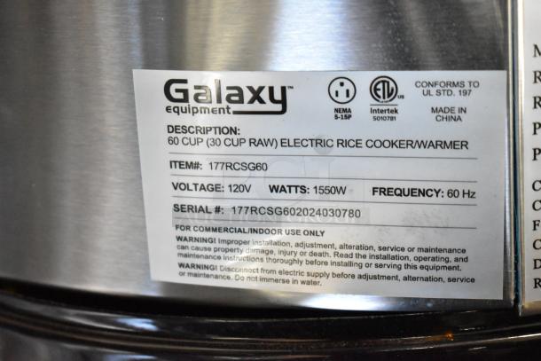 "Brand new 2024 Galaxy 177RCSG60 countertop electric rice cooker/warmer, 60 cup capacity, 120V, 1550W. Scratch and dent."