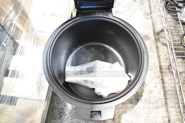 Brand new Galaxy 177RCSG60 electric countertop rice cooker, 60 cup capacity, inside view, 120 Volts, 1 phase.