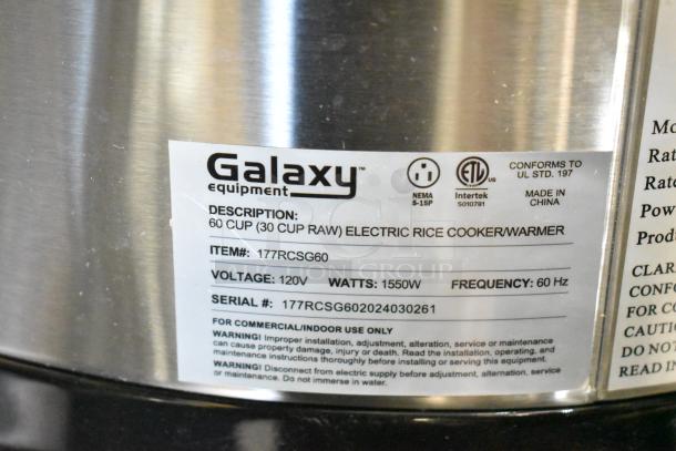 Brand new 2024 Galaxy 177RCSG60 countertop electric rice cooker/warmer, 60-cup capacity. 120V, 1-phase, model info label.