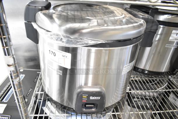 Brand new Galaxy 177RCSG60 electric rice cooker/warmer, 60 cup capacity, stainless steel, labeled caution hot surface.