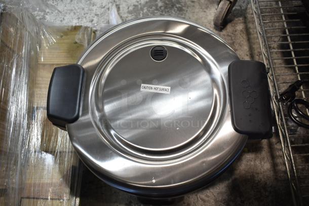 BRAND NEW Galaxy 177RCSG60 electric rice cooker, 60 cup capacity, stainless steel, "Caution - Hot Surface" label, 120V, 1 Phase.