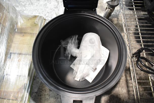 "Brand new Galaxy 177RCSG60 electric rice cooker, 60 cup capacity, shown with inner components and instructions. 120V, 1 Phase."