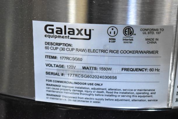 BRAND NEW Galaxy 177RCSG60 60 Cup Electric Rice Cooker/Warmer; 120V, 1550W. Serial: 177RCSG602024030656.