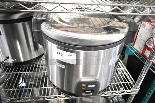 Brand new Galaxy 177RCSG60 electric rice cooker/warmer, 60 cup capacity, 120 volts, with scratches on stainless steel surface.