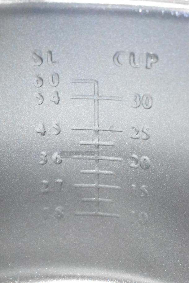 "2024 Galaxy 177RCSG60 Electric Rice Cooker with 60 cup capacity, showing inner cup measurement markings for precise cooking."