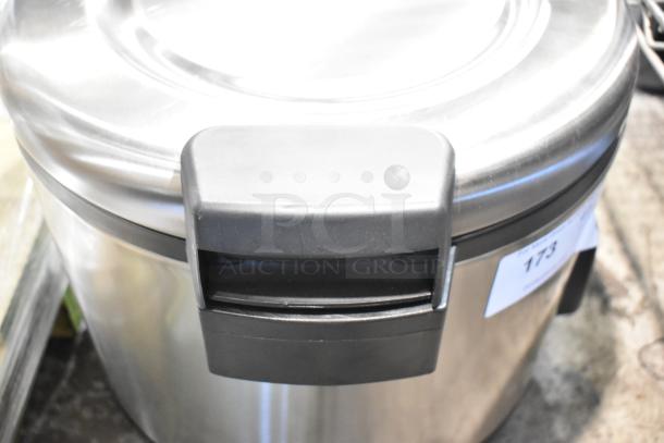 Brand new Galaxy 177RCSG60 electric rice cooker, 60-cup capacity, stainless steel, visible dent, 120 volts, 1 phase.
