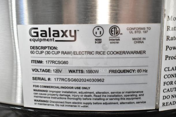 Galaxy 177RCSG60 Electric Rice Cooker/Warmer, 60 cup capacity, 120V, 1550W, for commercial use. Item new with tags.