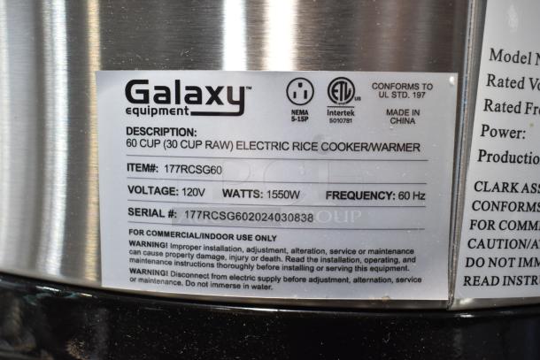 BRAND NEW Galaxy 177RCSG60 rice cooker, 60 cup capacity, 120V, 1550W. Scratch and dent condition. Serial #177RCSG602024030838.
