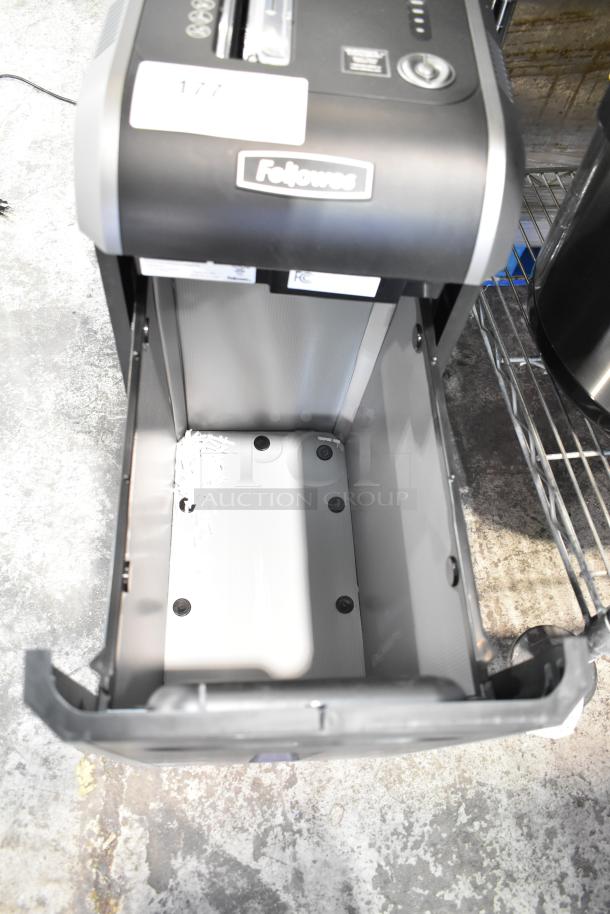 Fellowes CRC 32299 paper shredder, 120 volts, 1 phase, open shred bin, black, visible Fellowes logo.