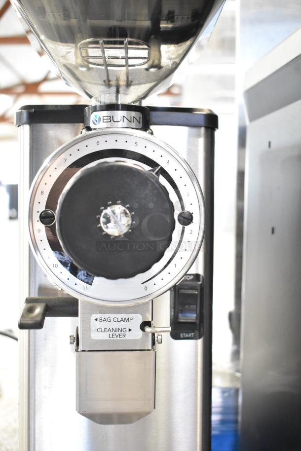 2025 Bunn GVH Commercial Coffee Grinder, stainless steel, 120V, 1 phase. Features dial settings and bag clamp.