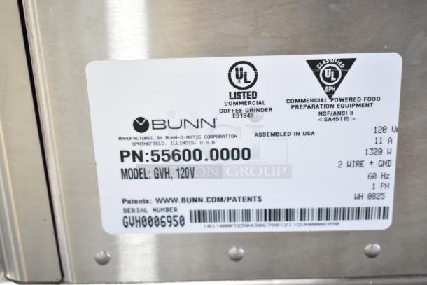 2025 Bunn GVH Commercial Coffee Grinder label showing model GVH, 120V, certified by UL and EPH, serial GUH0006950.