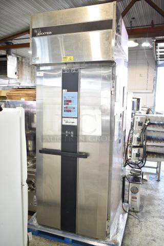 Baxter PC101-M28 commercial roll-in rack unit, stainless steel, 208/240V, 1 phase, with control panel and Baxter branding.