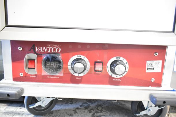 Avantco 177HPI1836 heated cabinet, red control panel, clear door, commercial casters, new scratch and dent, 120V, 1-phase.