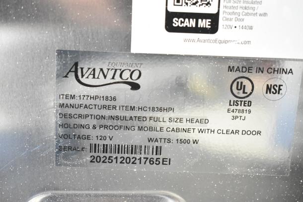 Avantco 177HPI1836 heated holding cabinet label showing model details, 120V, 1500W, UL and NSF listed, made in China.