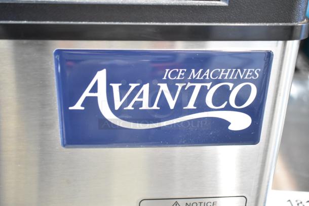 "Avantco Commercial Self Contained Ice Machine, brand new with minor scratches and dents, blue Avantco logo on stainless steel."