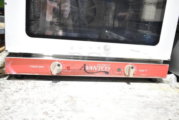 Brand new Avantco 177CO16 commercial convection oven, 1.5 cu. ft., half size, 120V, featuring timer min and temp controls.