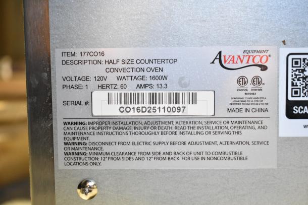 Brand new Avantco 177CO16 commercial countertop convection oven label showing model details, voltage, and safety warnings.