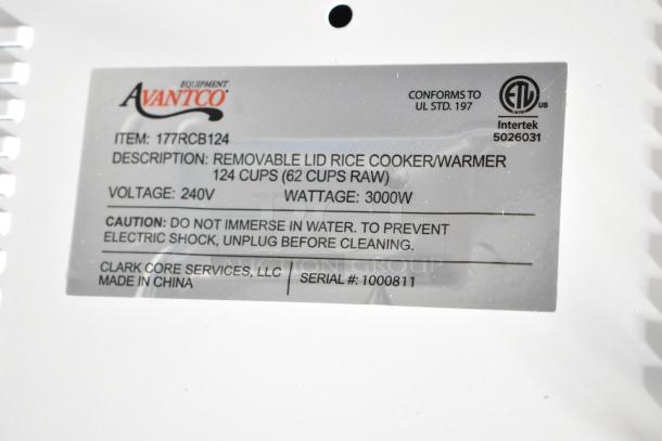 Avantco 177RCB124 Rice Cooker/Warmer label, 124 cups, 240V, 3000W. Caution: Do not immerse in water. Serial #1000811. Made in China.