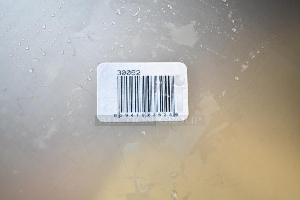 Barcode label showing "30062" on a metal surface, likely a Vollrath Super Pan V® steam table pan, 22 gauge.