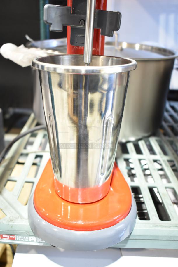 Brand new AvaMix 928RDM1RD Retro Red Single Spindle Drink Mixer, 120V, 1 Phase, stainless steel with minor scratches.