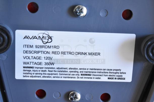 Alt Text: "AvaMix 928RDM1RD Retro Red Single Spindle Drink Mixer label showing 120V, 350W, made in Greece."