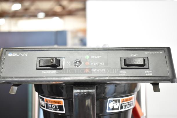 Bunn SmartWAVE 15-S-APS Coffee Brewer, black control panel, indicators for ready, heating, brewing. Warning label present.