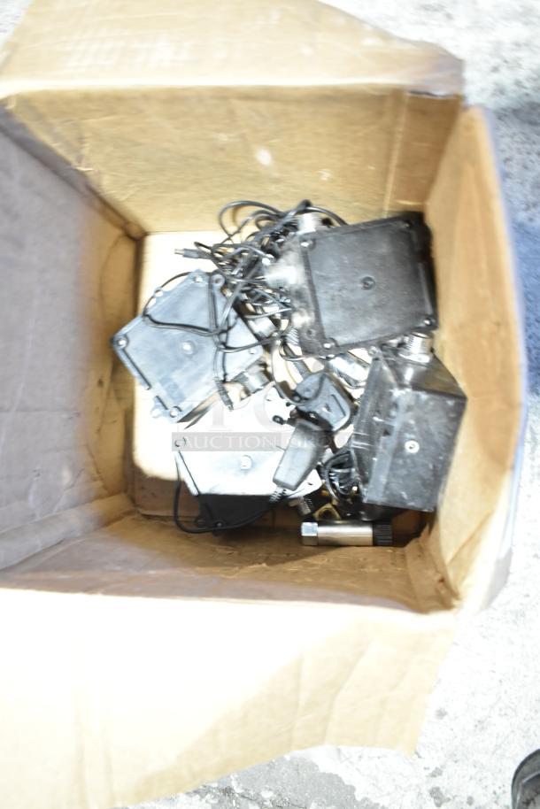 Box containing 8 various electronic components, including 020237-45 power unit. Items appear used, bundled wires visible.