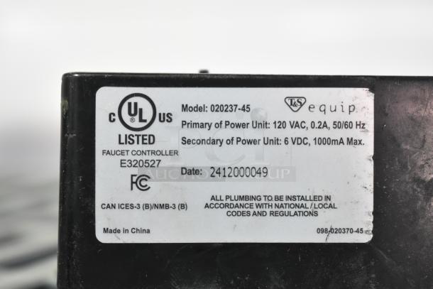 Label on power unit model 020237-45, T&S Equip, 120VAC, 6VDC output, UL listed, FCC certified, Made in China.