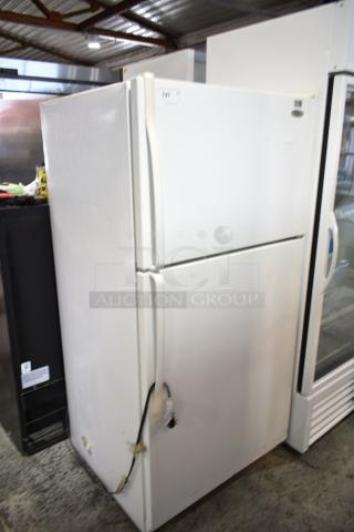 Whirlpool ET1MHKXMQ08 Reach In Cooler with Freezer, white, 115 Volts, 1 Phase, used condition, auction tag visible.