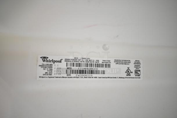 Whirlpool ET1MHKXMQ08 Reach In Cooler label showing model, serial number, 115V, 1 phase, UL listed, energy certification.