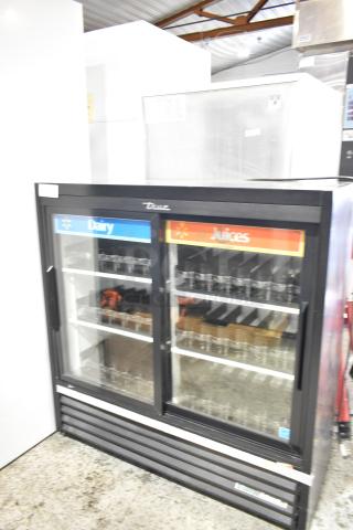 2020 True GDM-41SL-48-HC-LD commercial 2-door cooler merchandiser, glass front, labeled dairy and juices, 115V, 1 Phase.
