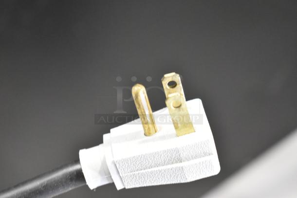 Close-up of a power plug for a 2020 True GDM-41SL-48-HC-LD cooler, showing prongs and part of the cord.