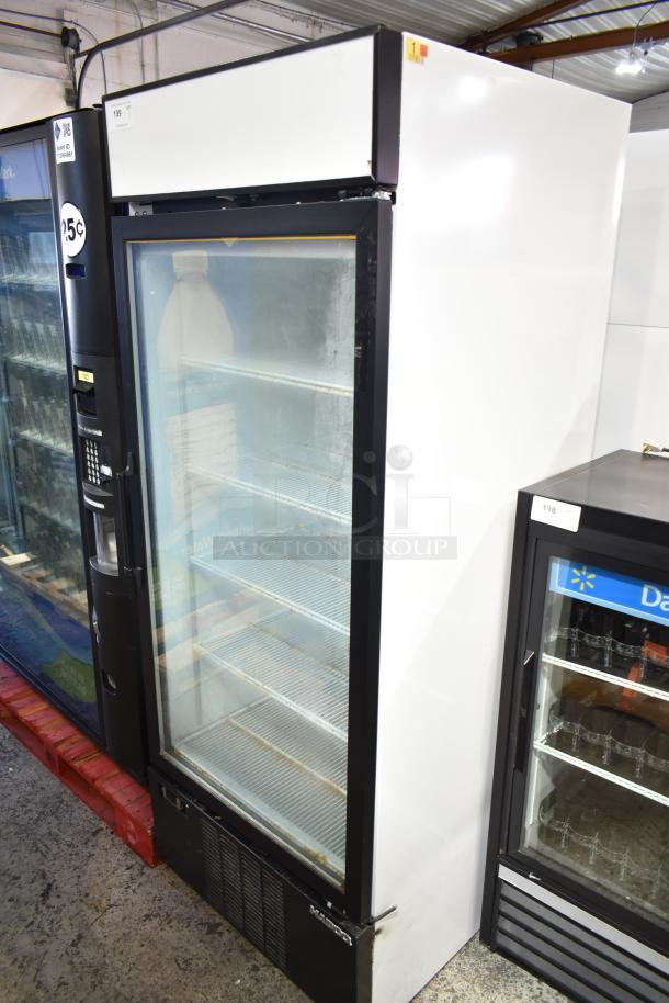 Habco SF28M Commercial Single Door Reach In Freezer Merchandiser, 115V, 1 Phase, with glass door and wire shelves.