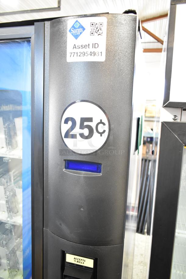 Crane 5800-4 commercial drink vending machine with bill acceptor, 115 volts, 1 phase. Features 25¢ pricing. Asset ID label visible.