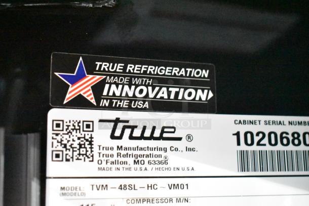2021 True TVM-48SL-HC commercial cooler label, showing "Made with Innovation in the USA." Model TVM-48SL-HC details.