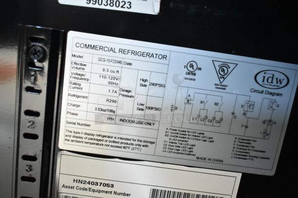 IDW GCG-10-F2334B cooler label showing model, voltage 110-120V, refrigerant R290, 9.3 cu. ft. capacity.