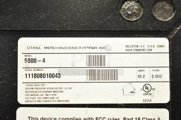 Crane 5800-4 metal commercial bottled drink vending machine label, features 115 volts, 1 phase, bill acceptor, UL listed.