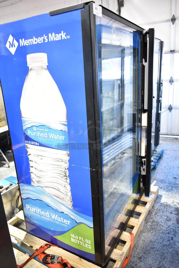 Crane 5800-4 metal commercial drink vending machine with bill acceptor, features Member's Mark water ad, 115 volts, 1 phase.