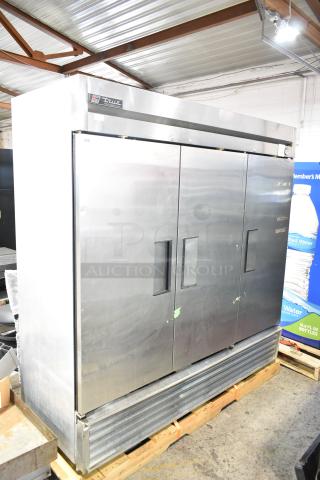 True Commercial 3 Door Reach In Cooler, 115 Volts, 1 Phase, stainless steel finish, visible True logo.