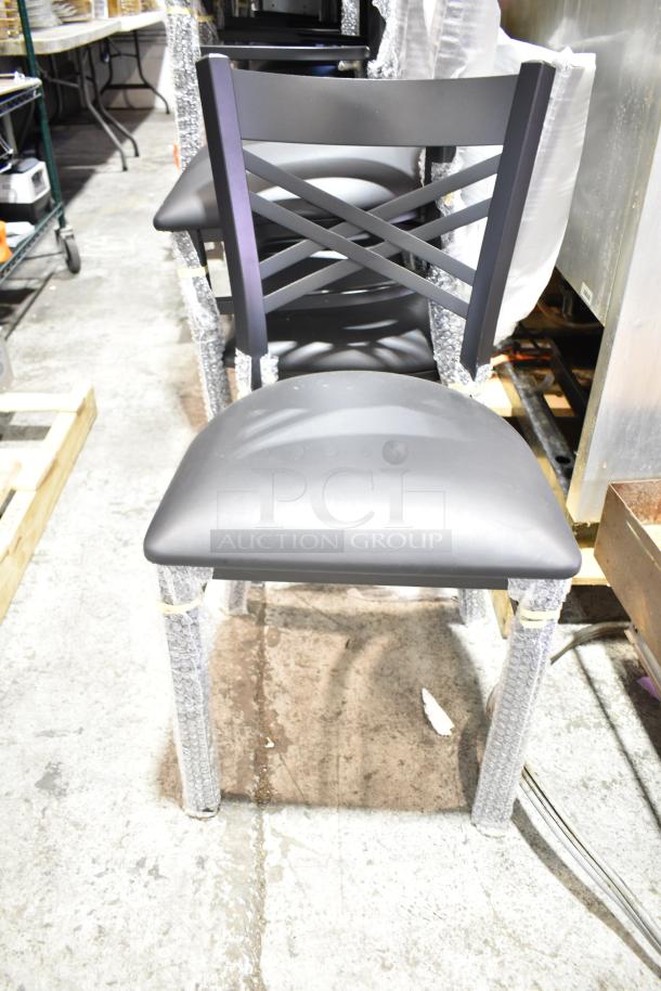 Black cross back dining chair with cushion, Lancaster Table & Seating 164CCROSSFRN, brand new, wrapped for protection.