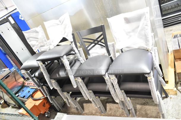 Brand new Lancaster Table & Seating 164CCROSSFRN black cross-back dining chairs with cushions, 14 pieces, scratch and dent.