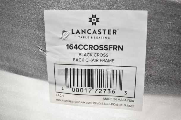 Label showing Lancaster Table & Seating model 164CCROSSFRN, black cross back chair frame, made in Malaysia.