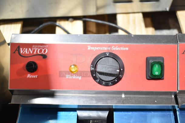 "Avantco 177F202 electric fryer control panel with reset button, working indicator, and temperature selection dial."