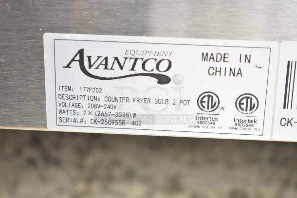 Avantco 177F202 countertop fryer label, 30 lb capacity, 208-240V, dual tank, includes 2 fry baskets and lids, made in China.
