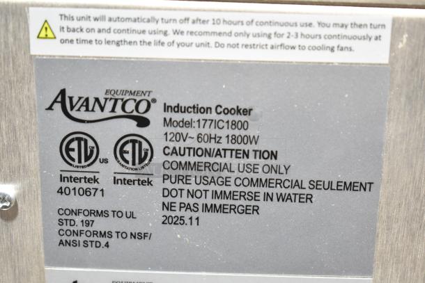BRAND NEW Avantco 177IC1800 countertop induction cooker, 120V, 1800W. Commercial use, scratch and dent. Model info and safety warnings visible.