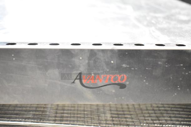 Brand new Avantco 177LT93 food dehydrator, 24 trays, stainless steel, glass door, 120V, 1 phase; logo visible on metal panel.