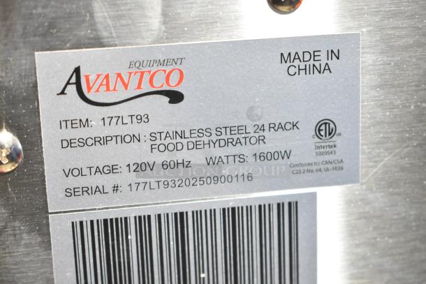 Avantco 177LT93 24 Tray Stainless Steel Food Dehydrator label, 120V, 1600W, Made in China, ETL certified.