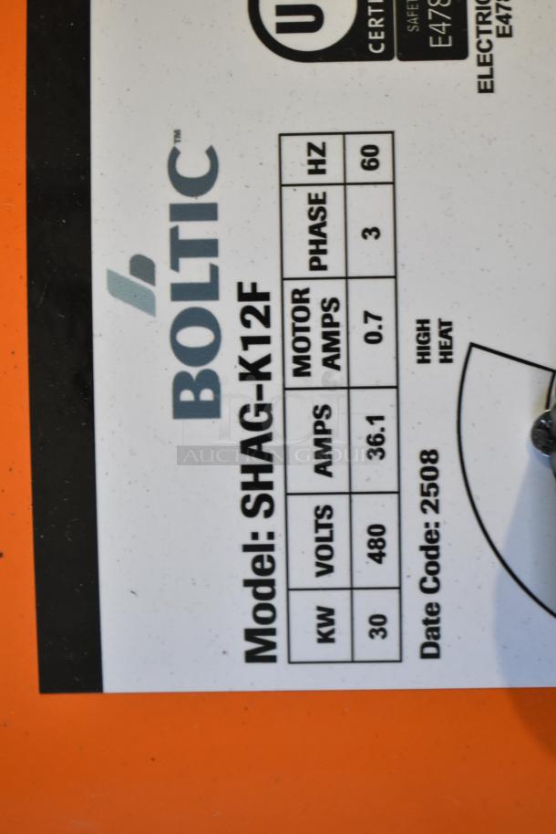 Boltic SHAG-K12F electric salamander heater label showing model details, 480V, 3-phase. New with scratches and dents.