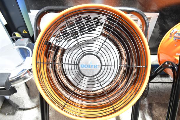 Brand new Boltic SHAG-K12F electric salamander heater, 480V, 3-phase, visible fans and controls, labeled "BOLTIC."