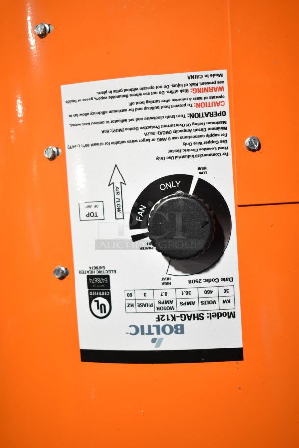 Brand new Boltic SHAG-K12F electric heater with control knob. 480V, 3 phase. Scratch and dent condition. UL certified.